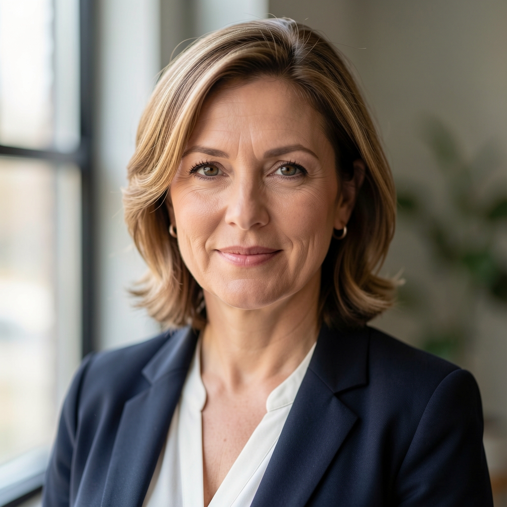 Editorial portrait of a woman in her forties, soft natural light from a studio window, understated professional composition