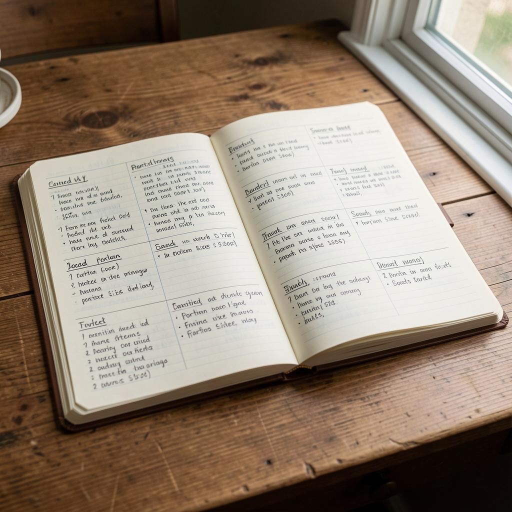Open food journal on a wooden desk, handwritten daily entries tracking meals and portion sizes across a seven-day week, natural window light from the right