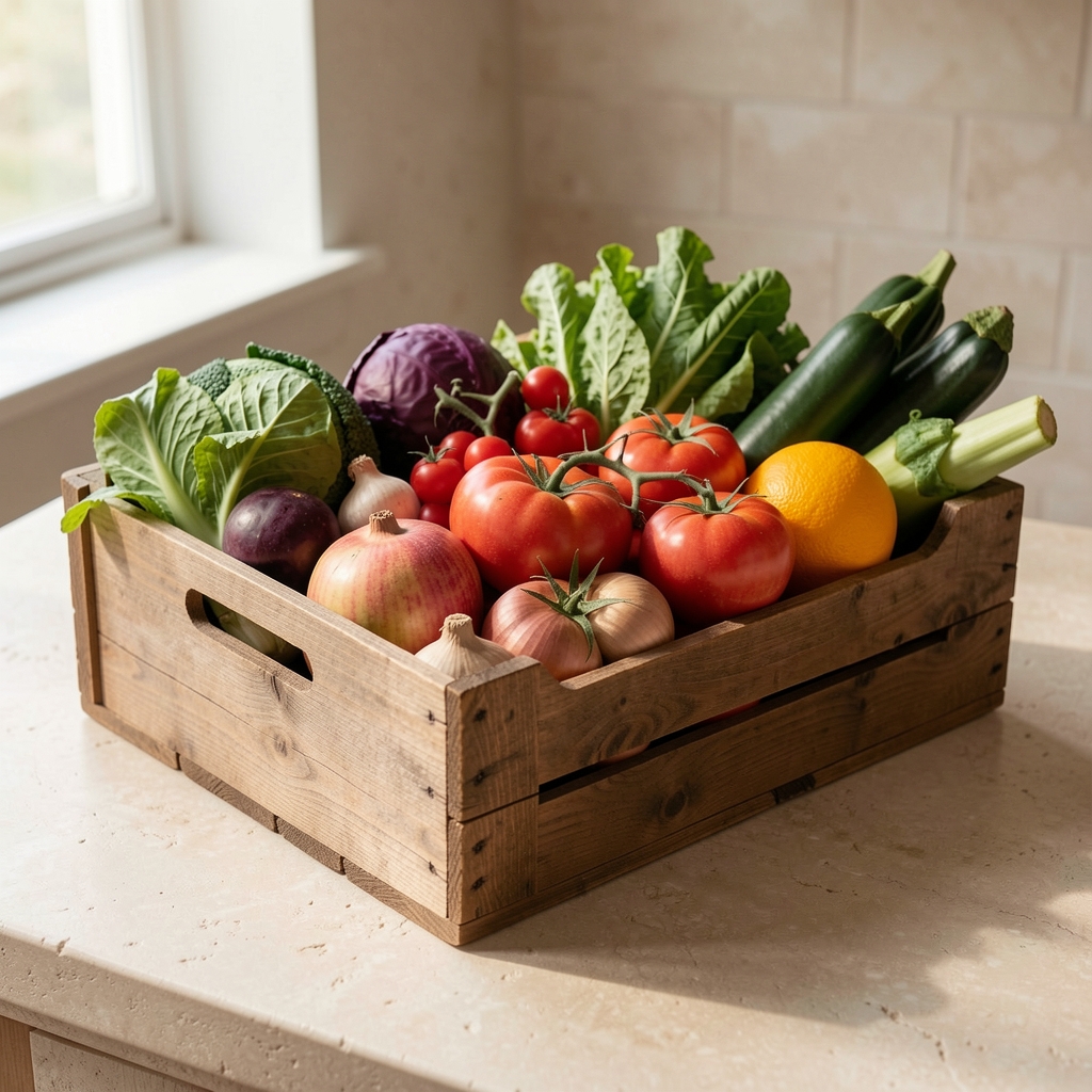 Seasonal produce arranged in a wooden market crate on a pale stone surface, soft morning light from the left, clean editorial composition